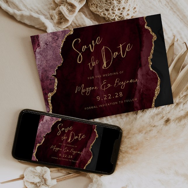 Burgundy Agate Script Wedding Save the Date (Creator Uploaded)