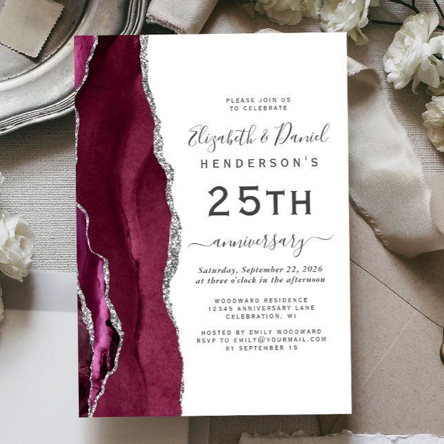 Burgundy Agate Silver 25th Anniversary Invitation (Creator Uploaded)