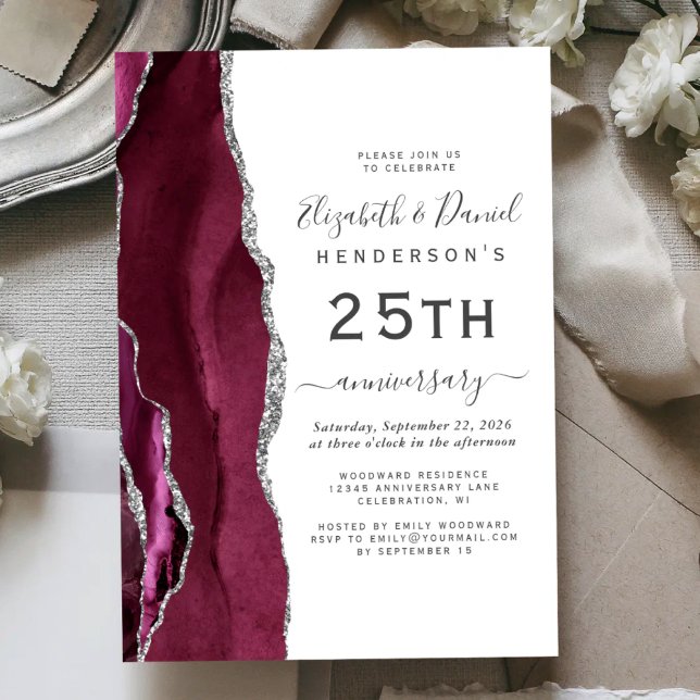 Burgundy Agate Silver 25th Anniversary Invitation (Creator Uploaded)