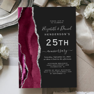 Burgundy Agate Silver Dark 25th Anniversary Invitation