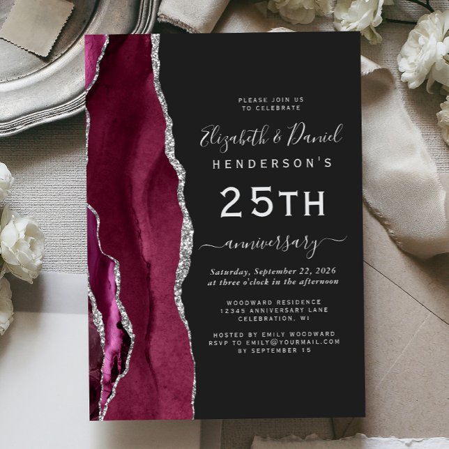 Burgundy Agate Silver Dark 25th Anniversary Invitation (Creator Uploaded)