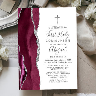 Burgundy Agate Silver Glitter First Holy Communion Invitation