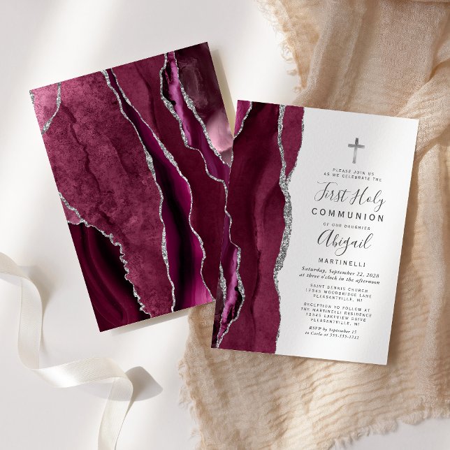 Burgundy Agate Silver Glitter First Holy Communion Invitation (Creator Uploaded)