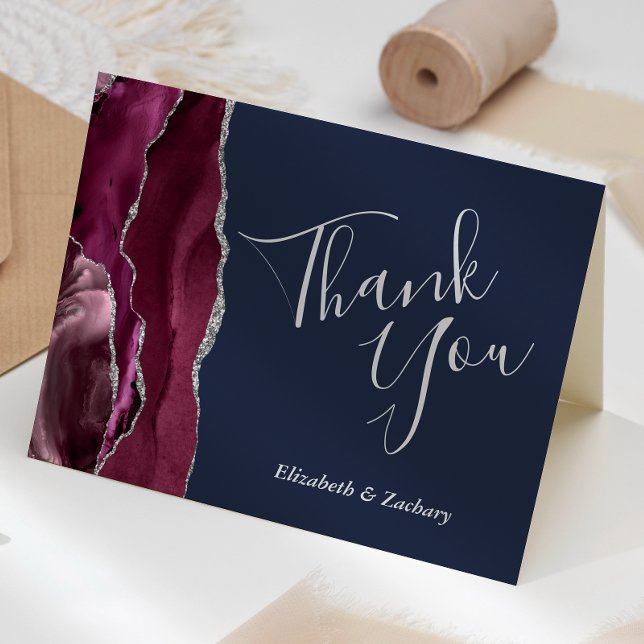 Burgundy Agate Silver Glitter Navy Blue Thank You Card (Creator Uploaded)