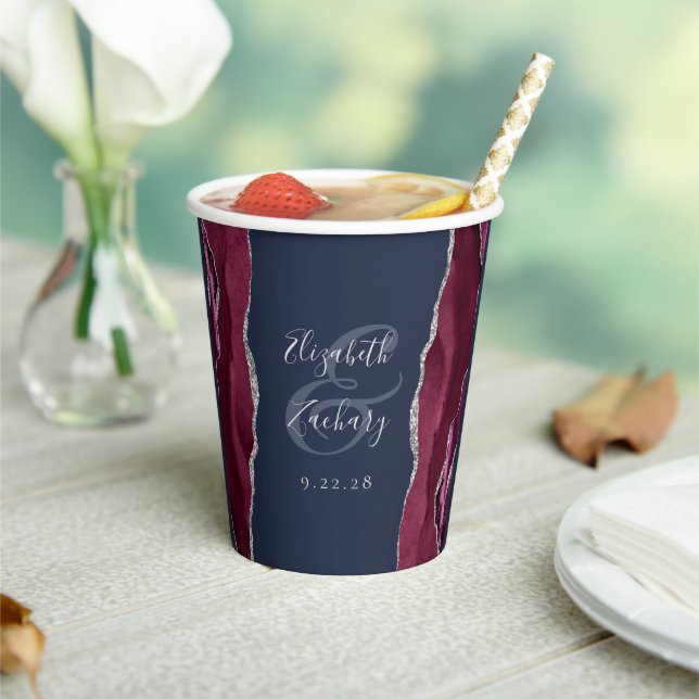 Burgundy Agate Silver Glitter Navy Blue Wedding Paper Cups (Insitu)