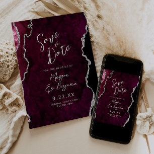 Burgundy Agate Silver Script Wedding Save the Date Invitation