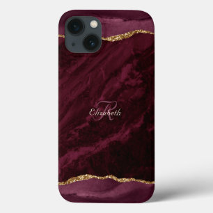 Burgundy Agate Watercolor Gold Monogram  iPhone 13 Case