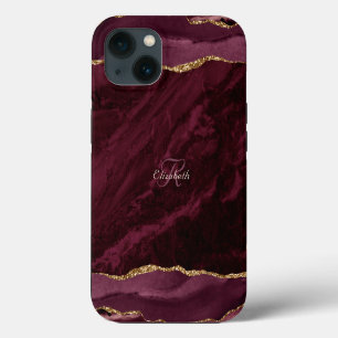 Burgundy Agate Watercolor Gold Monogram  iPhone 13 Case