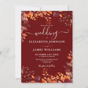 Burgundy All In One Autumn Fall Floral Wedding Invitation