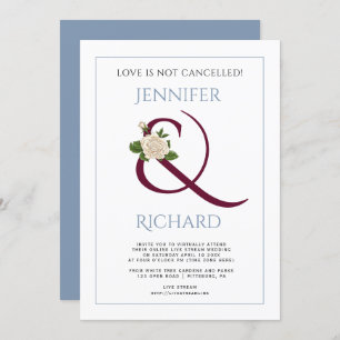 Burgundy ampersand rose dusty blue virtual wedding invitation