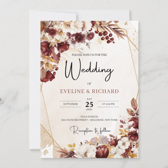 Burgundy and autumn flowers and leaves gold frame invitation (Front)