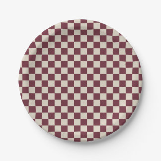 Burgundy and Beige Chequerboard Paper Plate