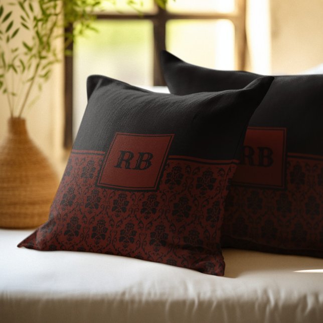 Burgundy and Black Damask Monogram Pattern Cushion (Creator Uploaded)
