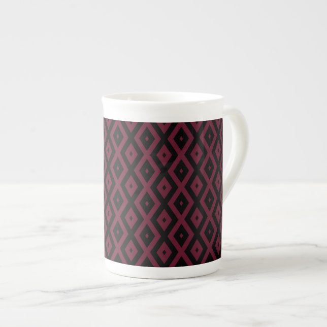 Burgundy and black diamond pattern bone china mug (Front Right)