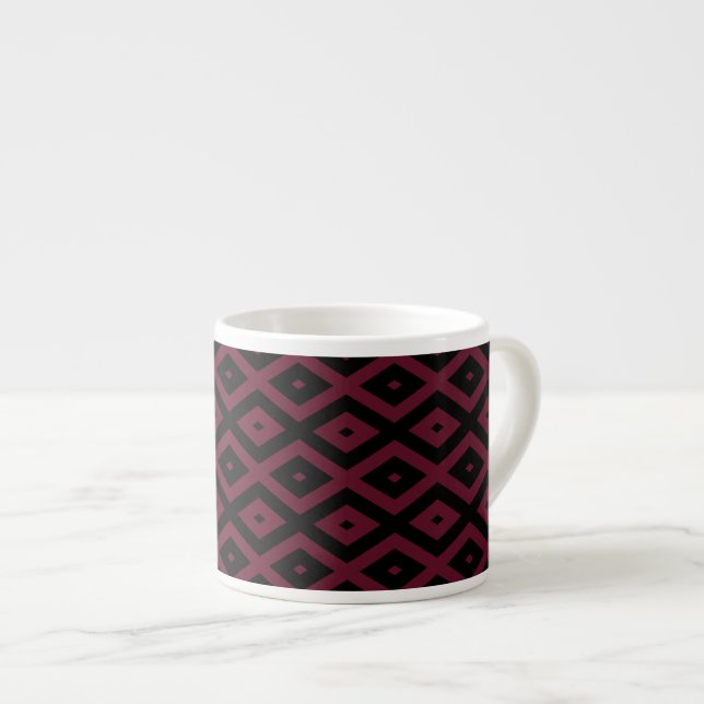 Burgundy and black diamond pattern espresso cup (Front Right)