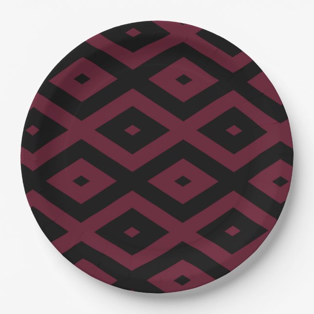 Burgundy and black diamond pattern paper plate (Front)