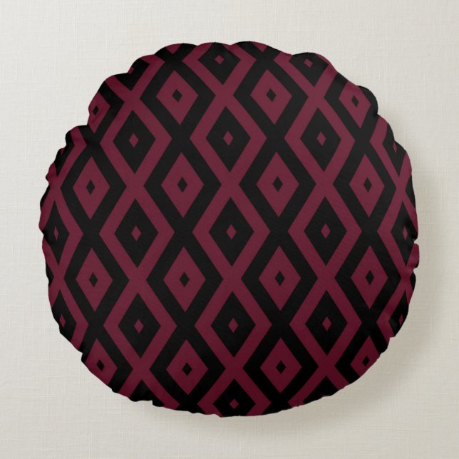 Burgundy and black diamond pattern round cushion (Front)
