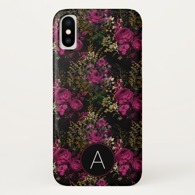 Burgundy and Black Gold Foil Roses Monogram Case-Mate iPhone Case (Back)
