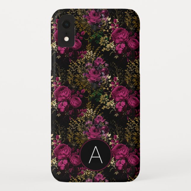 Burgundy and Black Gold Foil Roses Monogram Case-Mate iPhone Case (Back)