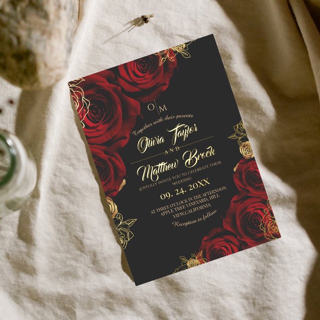  Burgundy and black ⎮ Red Rose Floral Wedding Invitation (Creator Uploaded)