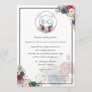 Burgundy and Blue Floral Fire Fighter Monogram Invitation
