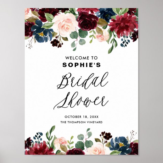 Burgundy and Blue Floral Garland Bridal Shower Poster (Front)