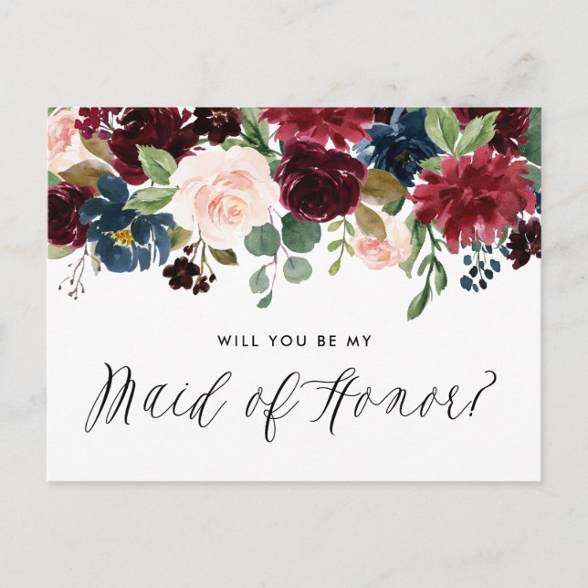 Burgundy and Blue Floral Garland Maid of Honour Invitation Postcard (Front)