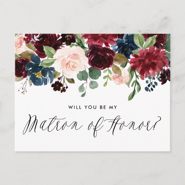 Burgundy and Blue Floral Garland Matron of Honour Invitation Postcard (Front)