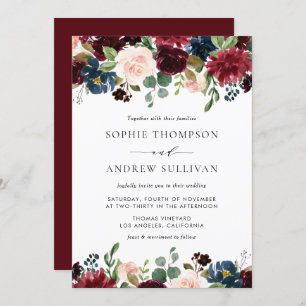 Burgundy and Blue Floral Garland Wedding Invitation