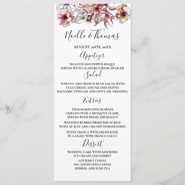 Burgundy and Blue Floral Garland Wedding Menu (Front)