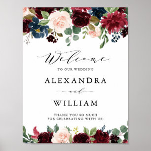 Burgundy and Blue Floral Garland Wedding Welcome Poster