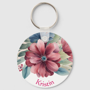 Burgundy and Blue Floral Key Ring