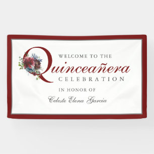 Burgundy and Blue Floral Quinceanera Party Banner