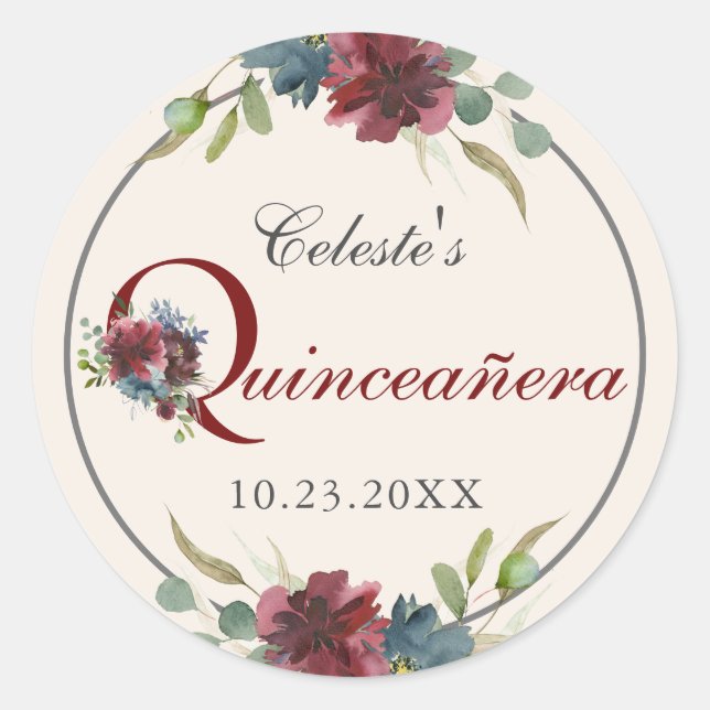 Burgundy and Blue Floral Quinceanera Party Classic Round Sticker (Front)