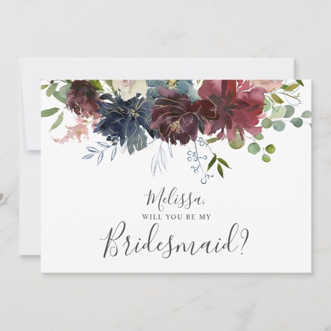 Burgundy and Blue Floral Will You Be My Bridesmaid Invitation (Front)