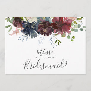 Burgundy and Blue Floral Will You Be My Bridesmaid Invitation