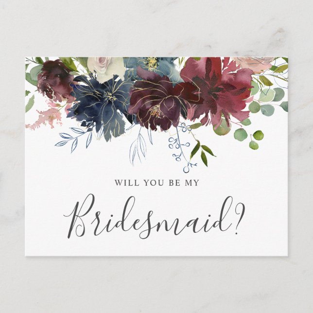 Burgundy and Blue Floral Will You Be My Bridesmaid Invitation Postcard (Front)