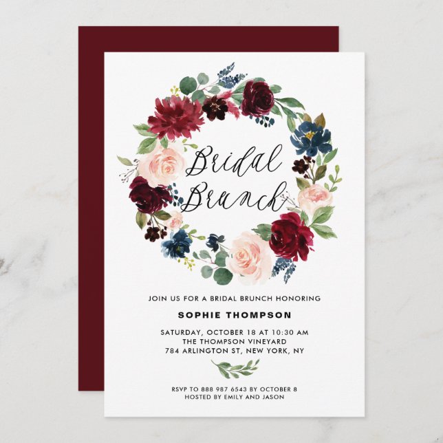 Burgundy and Blue Floral Wreath Bridal Brunch Invitation (Front/Back)