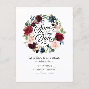 Burgundy and Blue Floral Wreath Save the Date Announcement Postcard