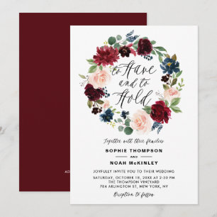 Burgundy and Blue Floral Wreath Wedding Invitation