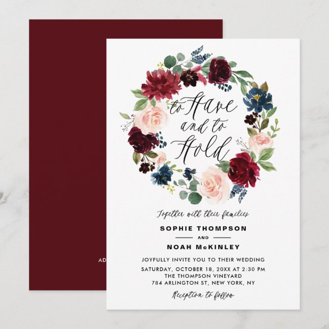 Burgundy and Blue Floral Wreath Wedding Invitation (Front/Back)