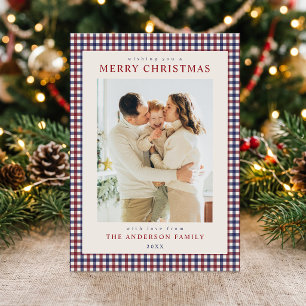 Burgundy and Blue Gingham Christmas Photo Holiday Card