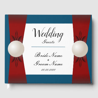 Burgundy and Blue Pearl Ribbon Wedding Guest Book