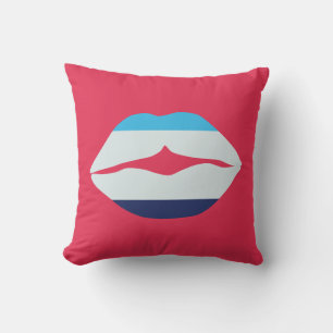 Burgundy And Blue Striped Lips Throw Pillow