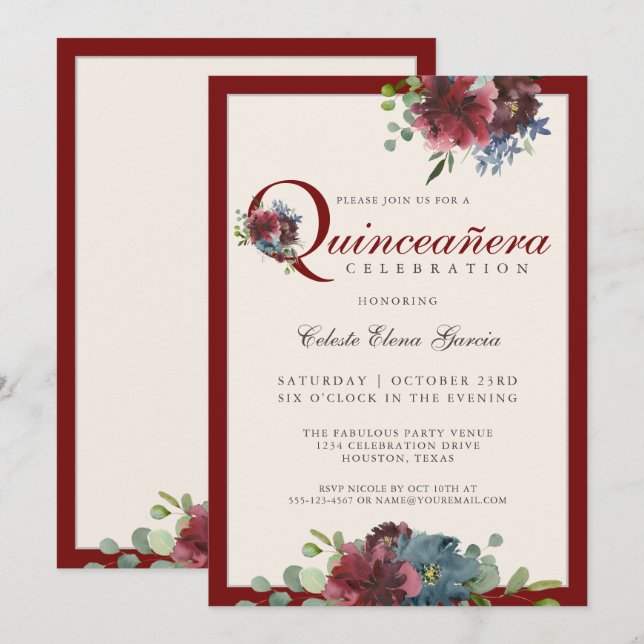 Burgundy and Blue Watercolor Floral Quinceanera Invitation (Front/Back)
