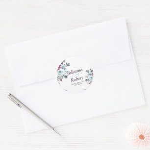 Burgundy and blue watercolor floral wedding class classic round sticker