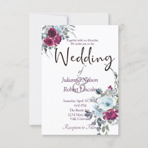 Burgundy and blue watercolor floral wedding invita invitation