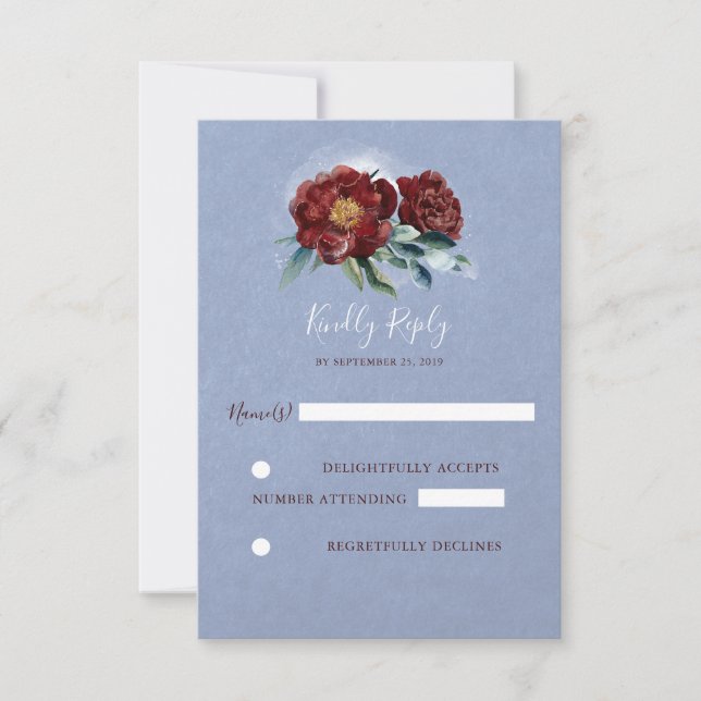 Burgundy and Blue Watercolor Flowers Wedding RSVP Card (Front)
