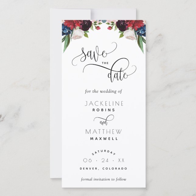Burgundy and Blue Wedding Save The Date Bookmark (Front)