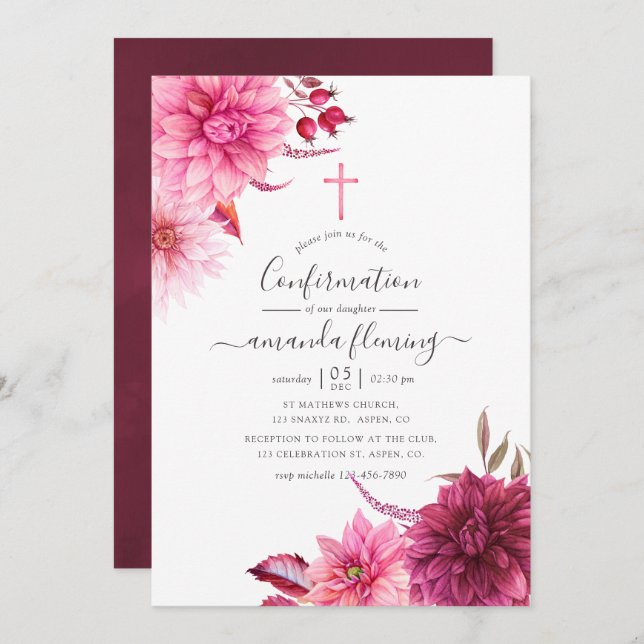 Burgundy and Blush Autumn Fall Floral Confirmation Invitation (Front/Back)